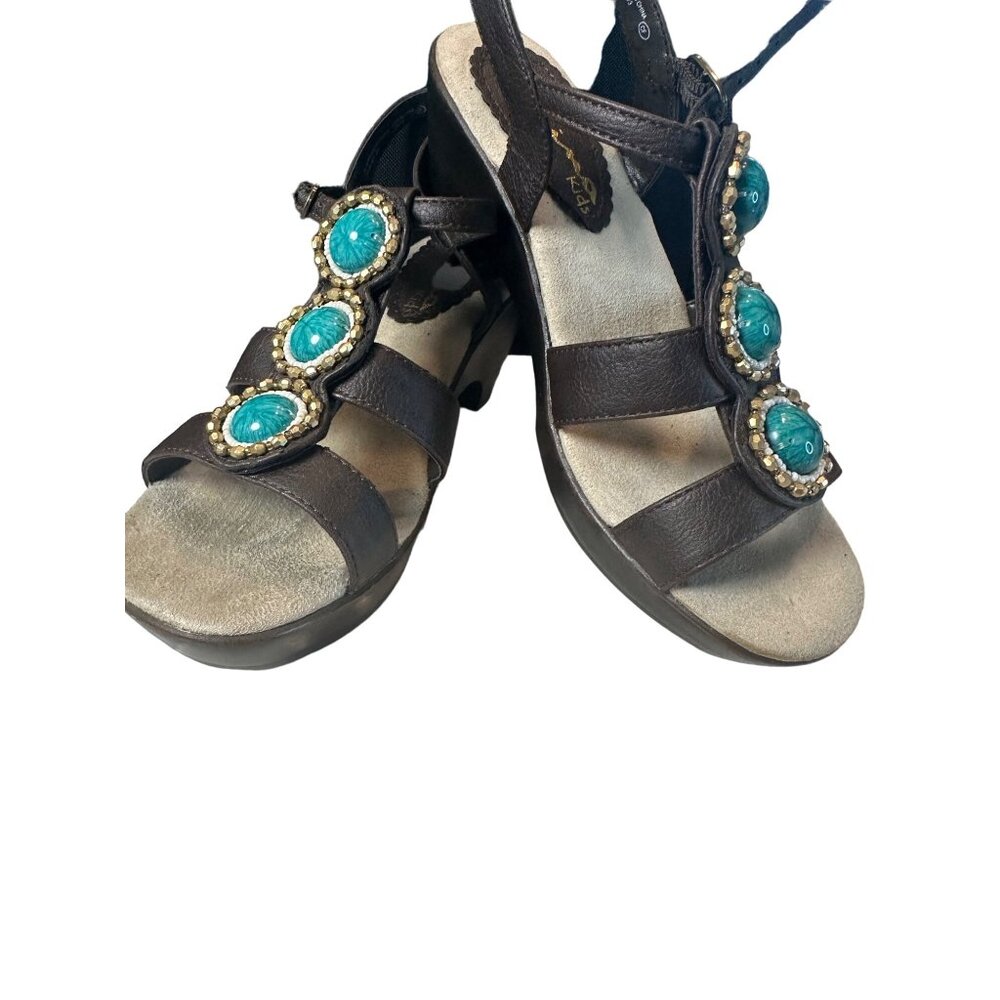 Nina Sandals Brown with Green Stones, White and Gold Beads Size 5M EUR 36‎ 1/23"